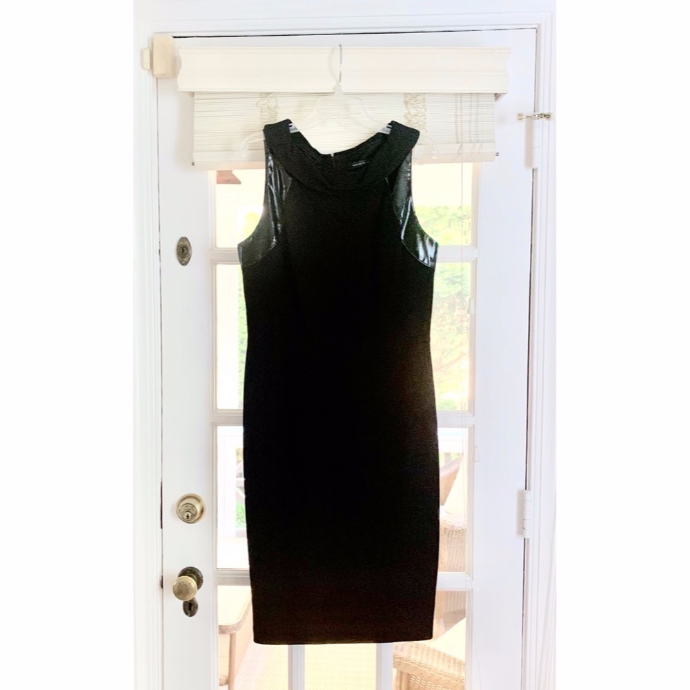 DAVID MEISTER- Designer Black Dress w/ Belt👗🖤(Size: 8) (Knit & Patent Leather)